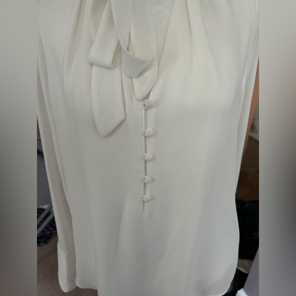 White House Black Market Cream Long Sleeve Tie Front Blouse - Picture 6 of 8